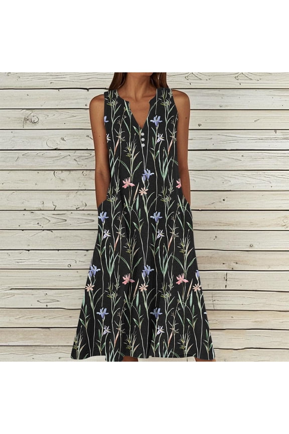Maxi Dress for Women Floral Print Sleeveless V-Neck Dress Casual Summer Beach Dress Lightweight Flowy Perfect for Vacation or Everyday Wear Plus Size Multicolor#1 XXXXXL