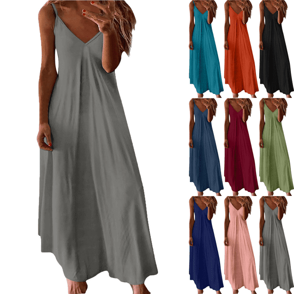 Lenago Maxi Dresses for Women Summer Casual V-Neck Camis Sleeveless Solid Color Beach Sundresses Boho Dresses Summer Beach Vacation Holiday Comfy Dresses S-XXXL