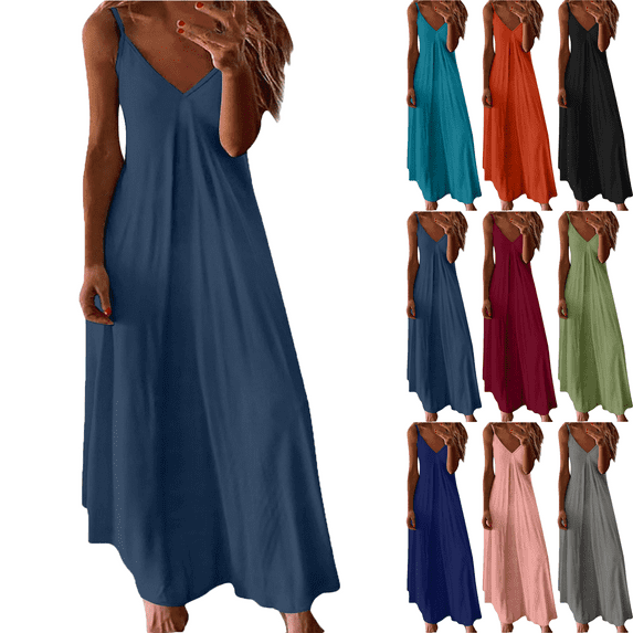 Lenago Maxi Dresses for Women Summer Casual V-Neck Camis Sleeveless Solid Color Beach Sundresses Boho Dresses Summer Beach Vacation Holiday Comfy Dresses S-XXXL
