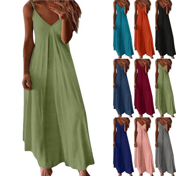 Lenago Maxi Dresses for Women Summer Casual V-Neck Camis Sleeveless Solid Color Beach Sundresses Boho Dresses Summer Beach Vacation Holiday Comfy Dresses S-XXXL