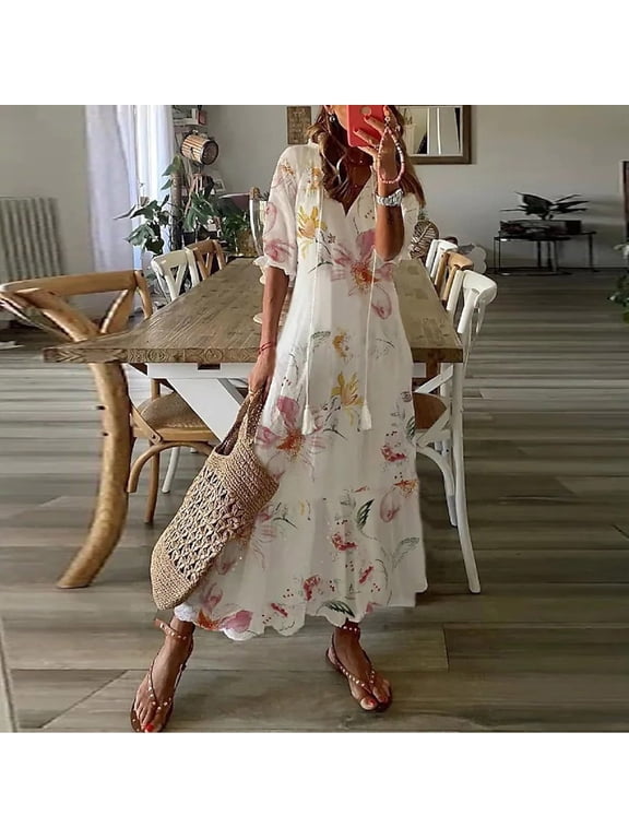 Maxi Dresses for Women Summer Plus Size Fashion Printed V-Neck Sleeveless Suspenders Pullover Dress Beach Holiday Party Dress Sundress