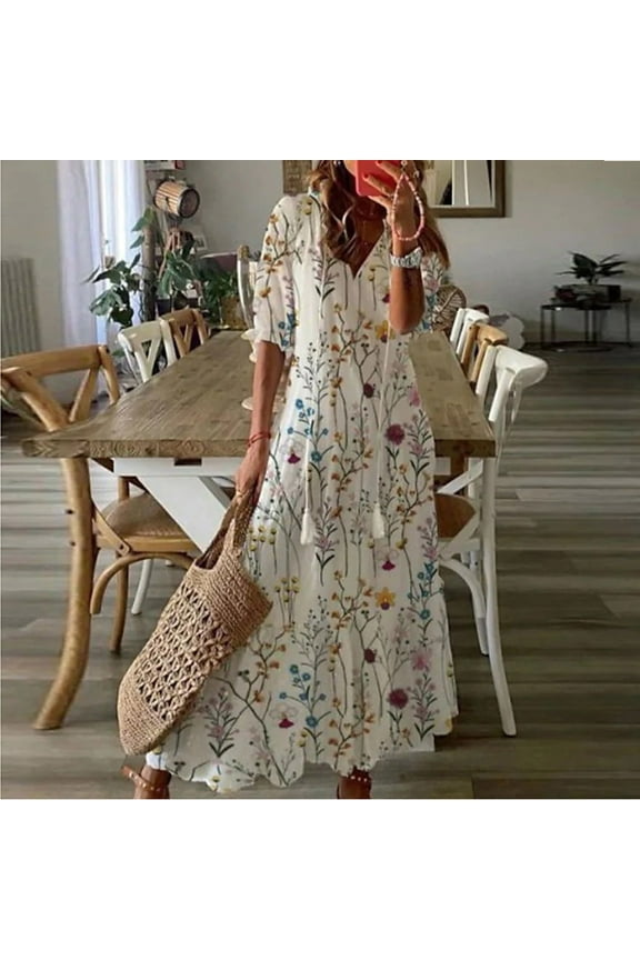 Sun Dresses for Women Plus Size Fashion Casual Spring And Summer V-neck Three-quarter Sleeve Printed Dress Beach Flowy Long Dress