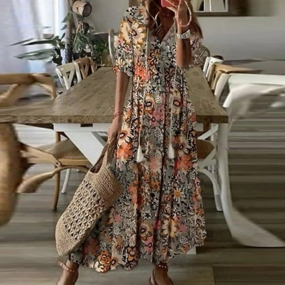 ZKCCNUK Sun Dresses for Women Plus Size Fashion Casual Spring And Summer V-neck Three-quarter Sleeve Printed Dress Beach Flowy Long Dress
