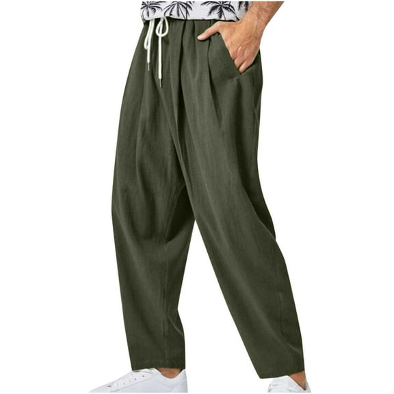 Lenago Men Casual Fashi Solid Linen Pants Mid Waist Tie Elastic Waist Trousers Bloomers Pants under 10