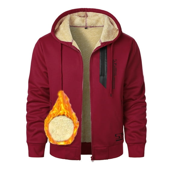 Lenago Men Fleece-Lined Zip Up Hoodie, Thick Hooded Jacket Winter Warm Athletic Sweatshirt Solid Color Lamb Wool Hooded Hood Pullover Zipper Cardigan Long Sleeves Zipper Pocket Hooded Coat