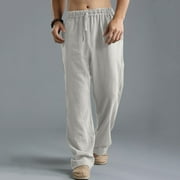 HAOZZAW Lenago Men Solid Casual Elastic Waistband Pocket Cotton Linen Panel Trousers Pants under 10