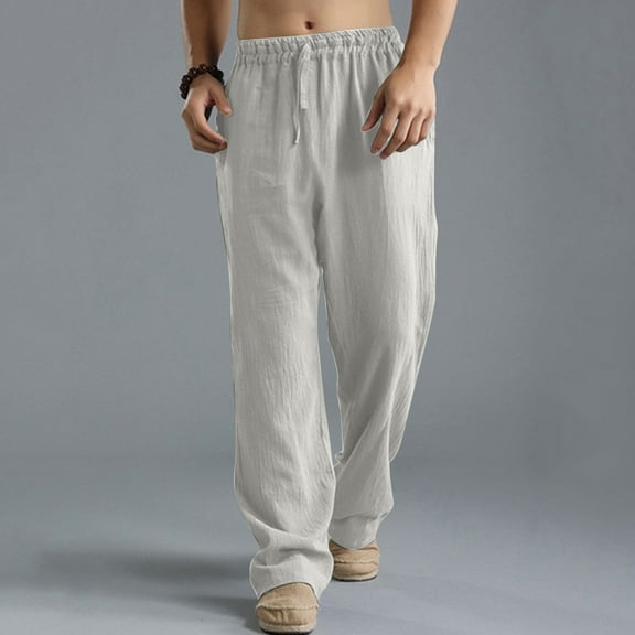 Lenago Men Solid Casual Elastic Waistband Pocket Cotton Linen Panel Trousers Pants under 10