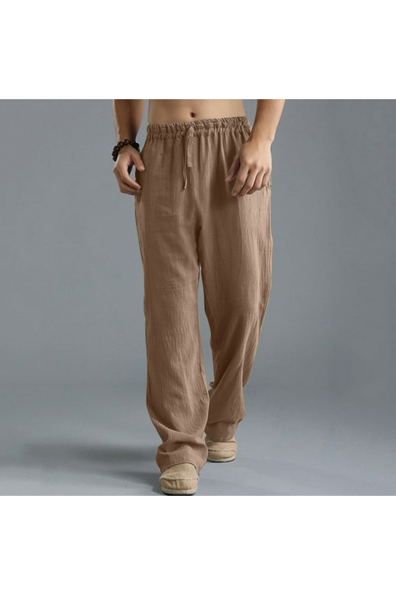 Lenago Men Solid Casual Elastic Waistband Pocket Cotton Linen Panel Trousers Pants under 10
