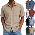 thumbnail image 1 of Lenago Men's Shirts Summer Imitation Linen Solid Color Casual Short Sleeved Collar Double Pocket Button Short Sleeved Top Shirts for Men, 1 of 9