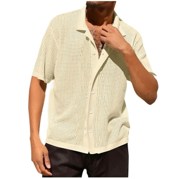 Lenago Mens Button Down Shirt Casual Solid Color Knit Hollow Turn Over Collar Short Sleeve Shirts