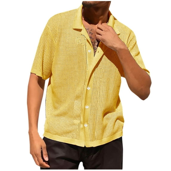 Lenago Mens Button Down Shirt Casual Solid Color Knit Hollow Turn Over Collar Short Sleeve Shirts
