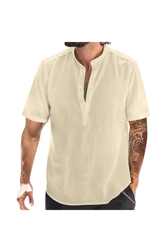 Mens Button Down Shirt Casual Solid Color Short Sleeve Stand-up Collar Blouse Shirt