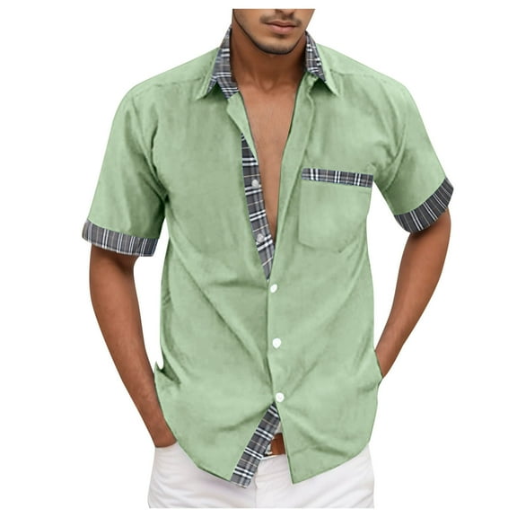Lenago Mens Button Down Shirt Casual Solid Turndown Short Sleeve Button Closure Shirt Hawaii Blouse