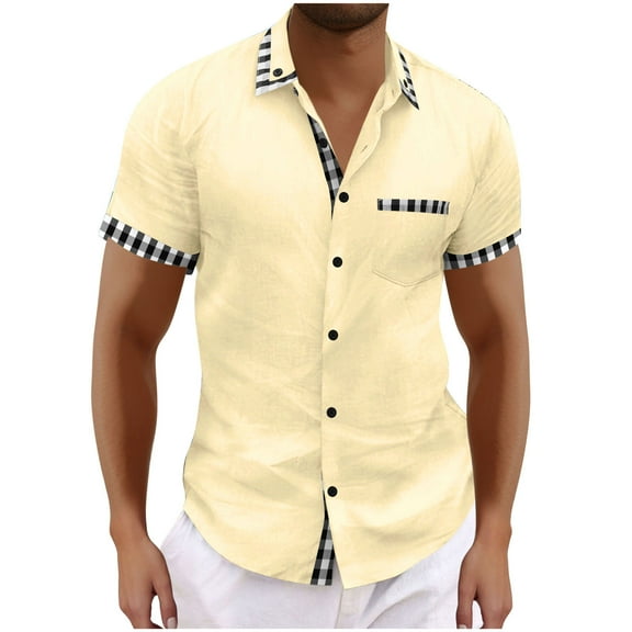 Lenago Mens Button Down Shirt Lapel Button Open and Close Solid Color Shirt Top Short Sleeve Lapel Top/Shirt