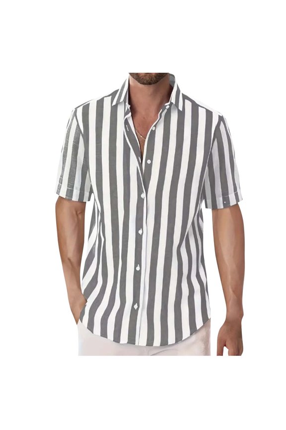 Mens Button Down Shirt Leisure Stripe Flip Collar Button Versatile Short Sleeve Shirt