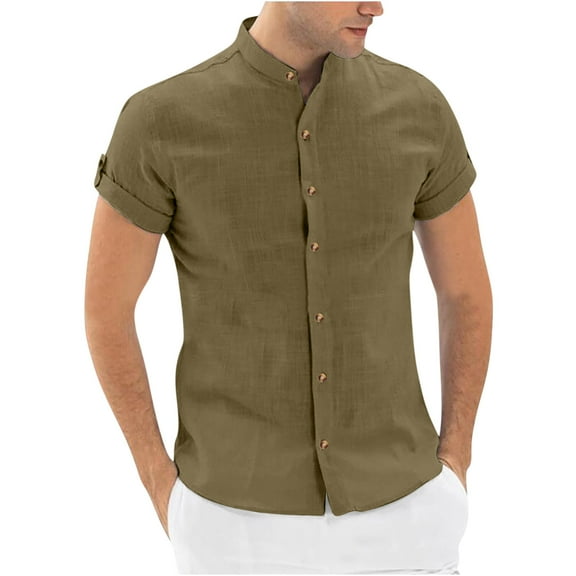Lenago Mens Button Down Shirt Short-sleeved Formal Business Color Standing Collar Shirt Multi-button