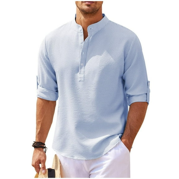 Lenago Mens Button Down Shirt Solid Color Button Long Sleeve Stand Up Collar Shirt