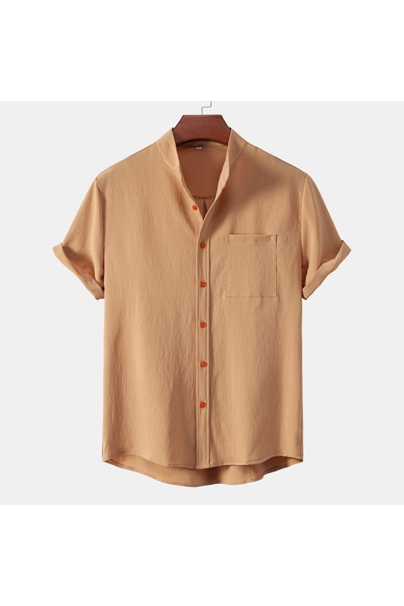 Mens Button Down Shirt Solid Short Sleeve Beach Shirt Patchwork Summer Casual Button Stand Collar