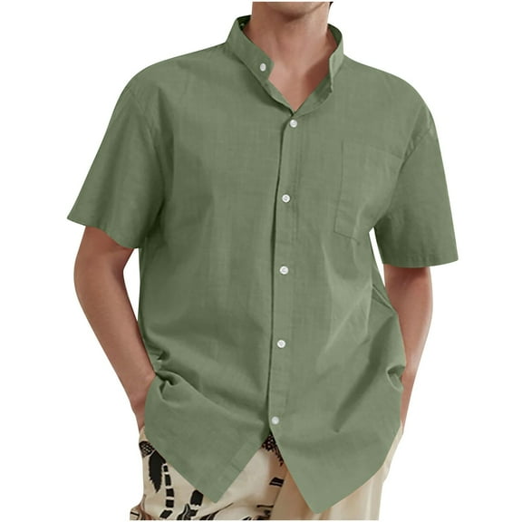 Lenago Mens Button Down Shirt Summer Short Sleeve Stand-up Collar Button Blouse Shirt