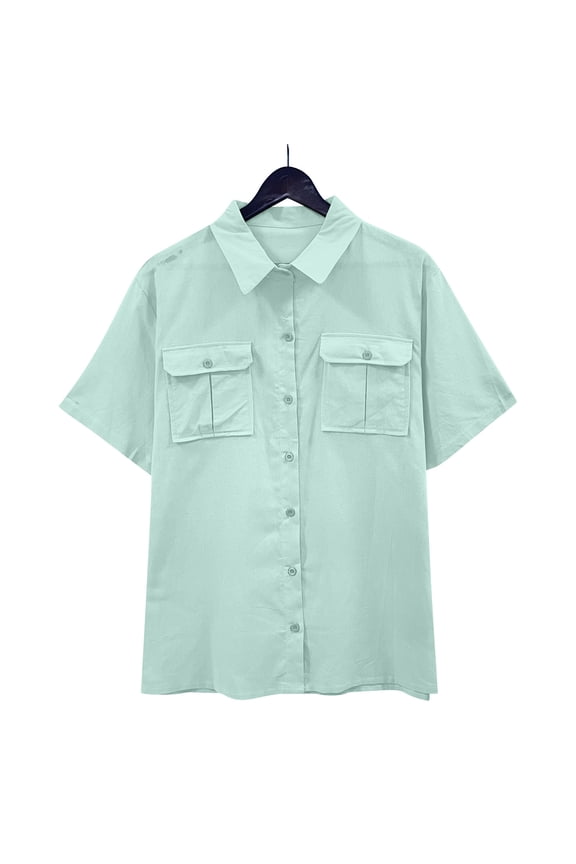 Mens Button Down Shirt Unisex Summer Lapel Breasted Double Pocket Short Sleeved Shirt Top Short Sleeved Lapel Top/shirt