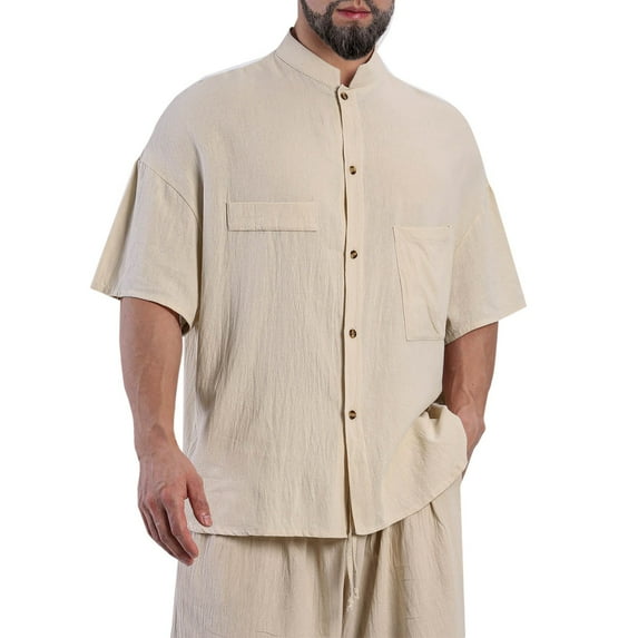 Lenago Mens Casual Shirts Casual Solid Color Button Pocket Short Sleeve Stand-up Collar Blouse