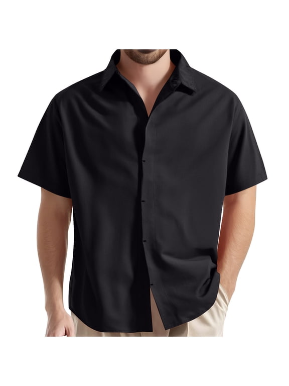 Mens Casual Shirts Fashionable Solid Color Casual Short Sleeved Lapel Hidden Button Shirt