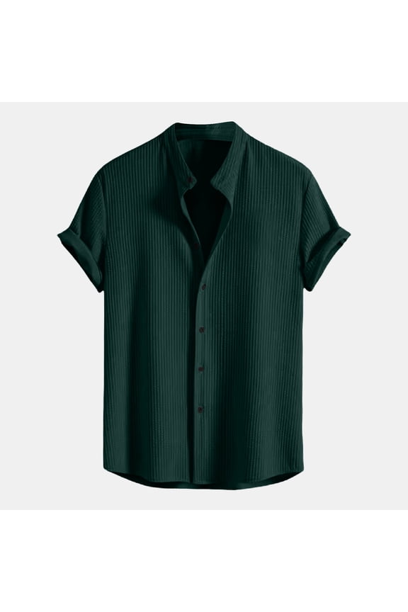Mens Casual Shirts Fashionable Solid Color Stand Up Collar Short Sleeved Shirt Top