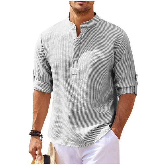 Lenago Mens Casual Shirts Solid Color Button Long Sleeve Stand Up Collar Shirt