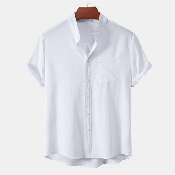 Lenago Mens Casual Shirts Solid Short Sleeve Beach Shirt Patchwork Summer Casual Button Stand Collar