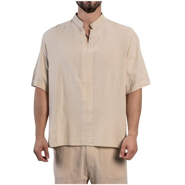 Lenago Mens Dress Shirts Casual Pullover Solid Color Short Sleeve Stand-up Collar Blouse