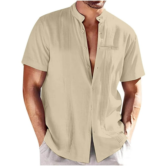 Lenago Mens Dress Shirts Crumpled Short Sleeve Blouse Solid Buttons Stand-up Collar T-Shirt Tops