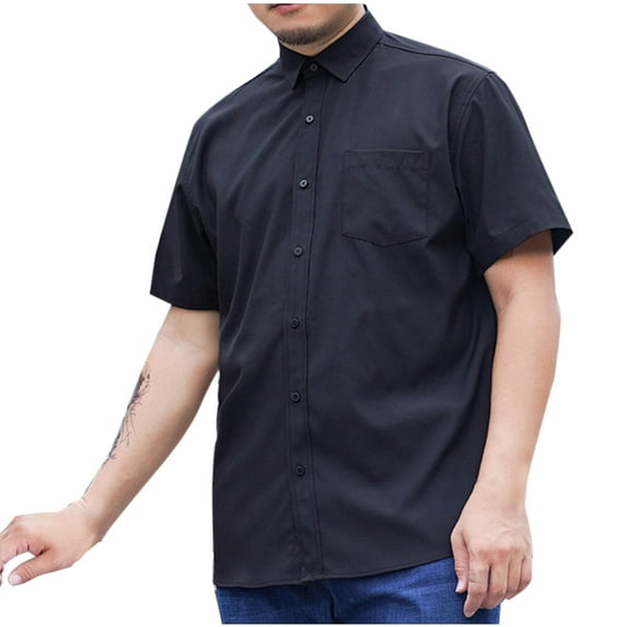 Lenago Mens Dress Shirts Solid Color Business Have Pockets Button Lapel Loose Short Sleeve Shirt