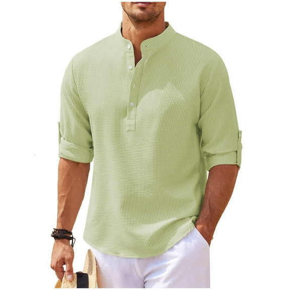 Lenago Mens Dress Shirts Solid Color Button Long Sleeve Stand Up Collar Shirt