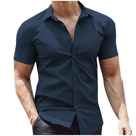 Lenago Mens Dress Shirts Summer Short Sleeved Solid Color Shirt Fashionable Home Casual Cardigan Shirt