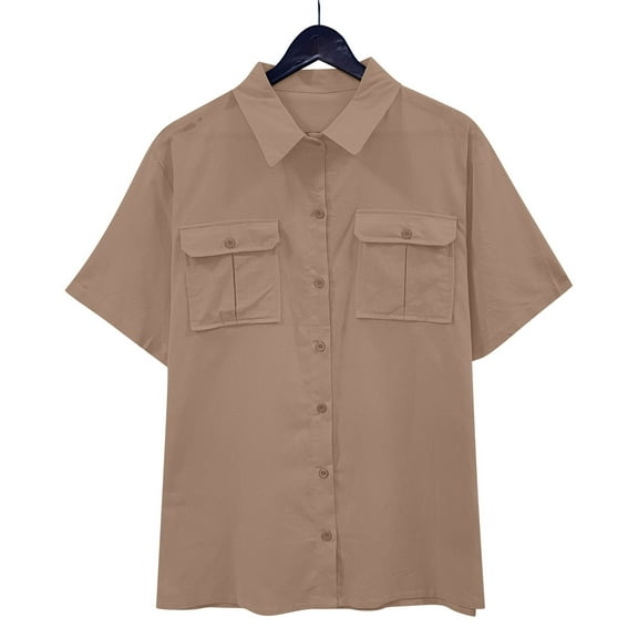 Lenago Mens Dress Shirts Unisex Summer Lapel Breasted Double Pocket Short Sleeved Shirt Top Short Sleeved Lapel Top/shirt