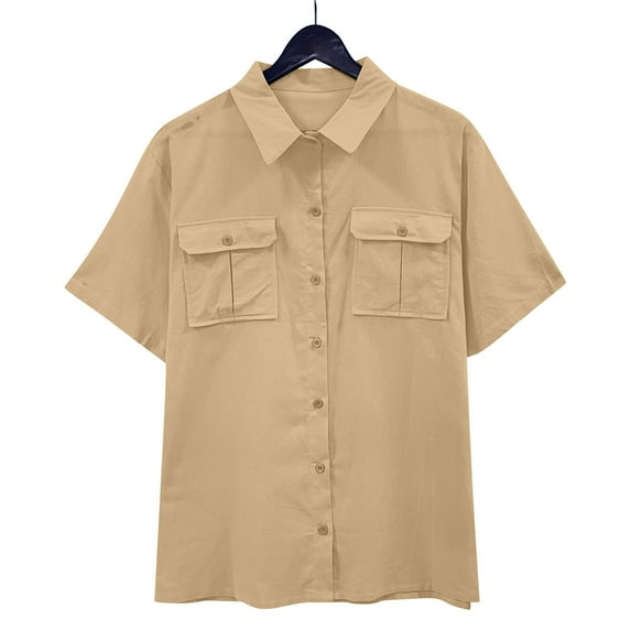 Lenago Mens Dress Shirts Unisex Summer Lapel Breasted Double Pocket Short Sleeved Shirt Top Short Sleeved Lapel Top/shirt