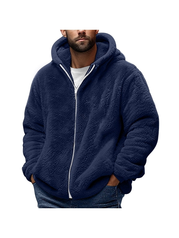 Mens Hoodies Plus Size Winter Long Sleeved Cardigan Pockets Warm Plush Hooded Jacket Fleece Sweater Coat Coat for Men