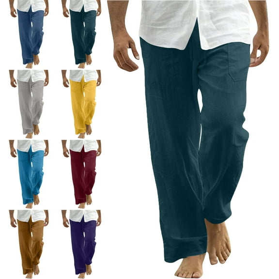 Lenago Mens Pants Size S-5XL,Oversized Mens Workout Pants Wide Leg Sweatpants Men Cotton Linen Pants Men Casual Loose Fit Elastic Drawstring Waist Summer Beach Pants