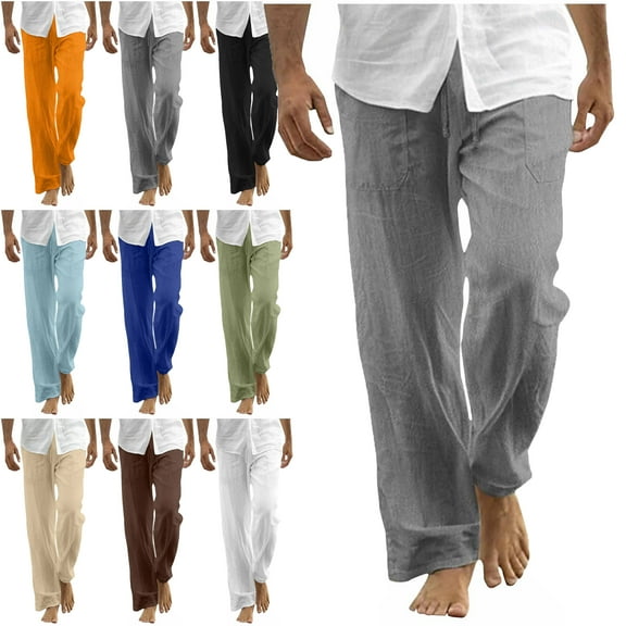 Lenago Mens Pants Size S-5XL,Oversized Mens Workout Pants Wide Leg Sweatpants Men Cotton Linen Pants Men Casual Loose Fit Elastic Drawstring Waist Summer Beach Pants