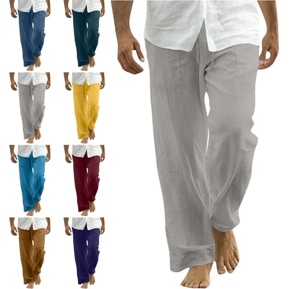 Lenago Mens Pants Size S-5XL,Oversized Mens Workout Pants Wide Leg Sweatpants Men Cotton Linen Pants Men Casual Loose Fit Elastic Drawstring Waist Summer Beach Pants