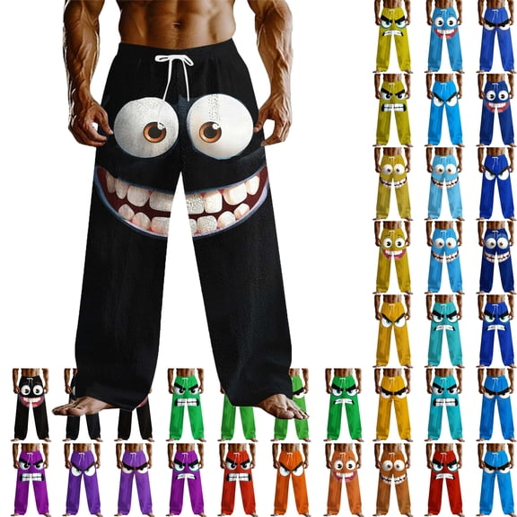 Lenago Mens Pants Smiling Face Pants Loose Pants Casual Pants Mid Waist Outdoor Vacation Home Elastic Drawstring Waist Pants with Pockets Pants for Men
