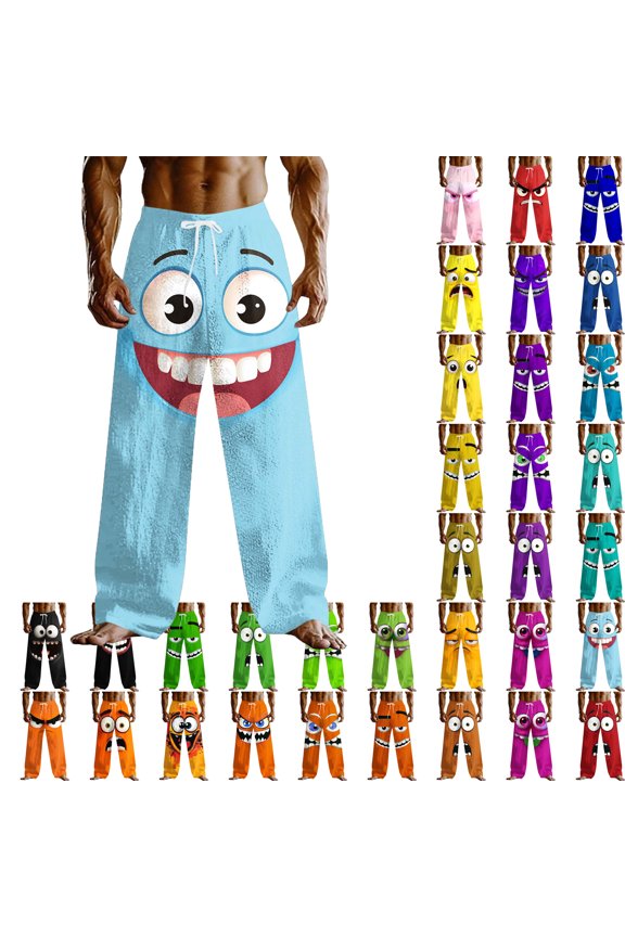 Mens Pants Smiling Face Pants Loose Pants Elastic Drawstring Waist Mid Waist Outdoor Vacation Home Casual Pants with Pockets Pants for Men