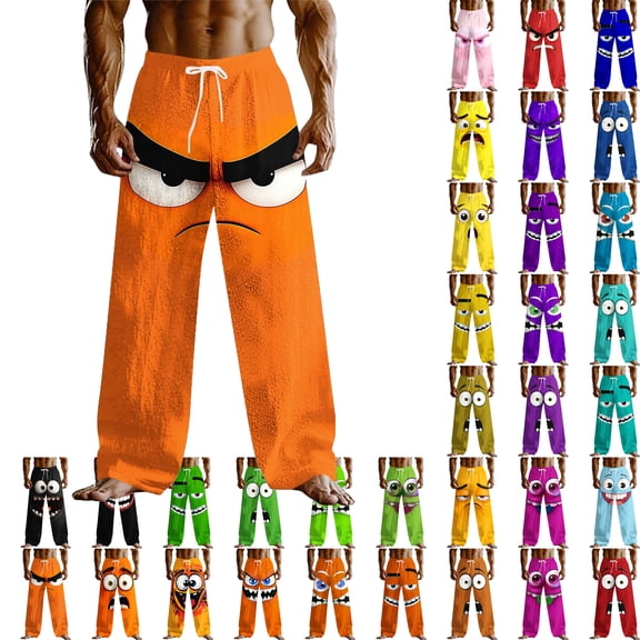 Lenago Mens Pants Smiling Face Pants Loose Pants Elastic Drawstring Waist Mid Waist Outdoor Vacation Home Casual Pants with Pockets Pants for Men