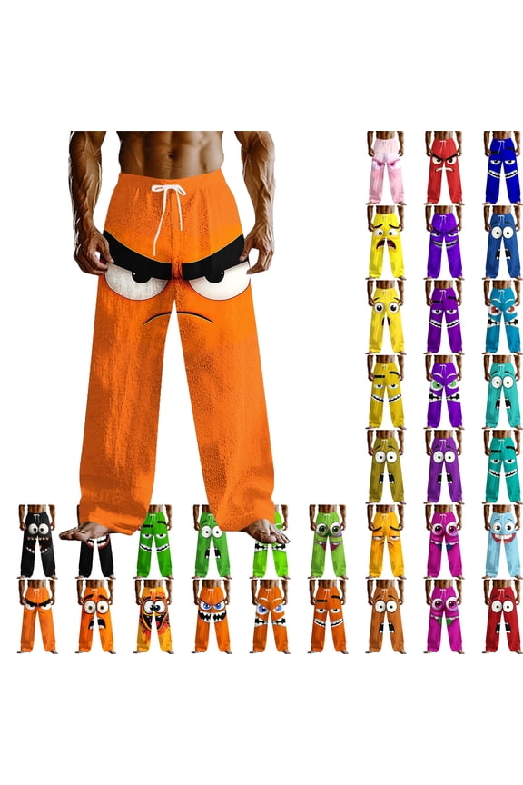 Mens Pants Smiling Face Pants Loose Pants Elastic Drawstring Waist Mid Waist Outdoor Vacation Home Casual Pants with Pockets Pants for Men