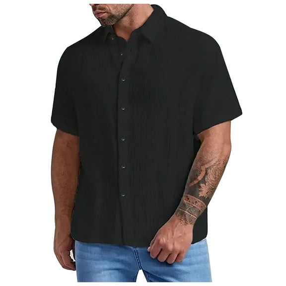 Lenago Mens Shirts Casual Solid Young Turn-down Collar with Pocket Button Short Sleeve Blouse Tops Shirt