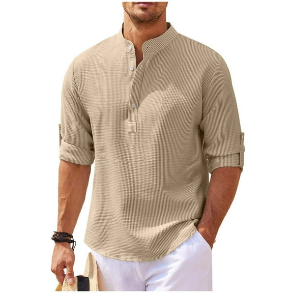 Lenago Mens Shirts Solid Color Button Long Sleeve Stand Up Collar Shirt