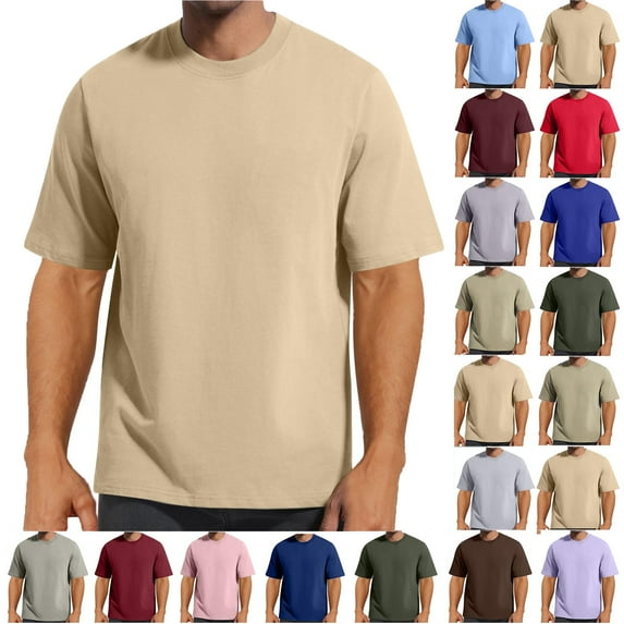 Lenago Mens Shirts Solid Color Short Sleeveless Khaki 8(L) Tops Crew Neck Leisure Versatile Thin Style T Shirt Loose T Shirts for Men