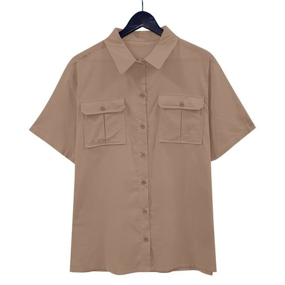 Lenago Mens Shirts Unisex Summer Lapel Breasted Double Pocket Short Sleeved Shirt Top Short Sleeved Lapel Top/shirt