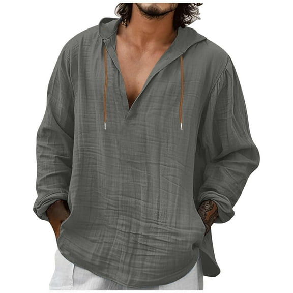 Lenago Mens T Shirts Size S-3XL,T Shirt Men Linen Shirt Loose Solid Color Hooded Shirt Casual Pullover V-neck Long Sleeved Pull Rope Hooded Tops