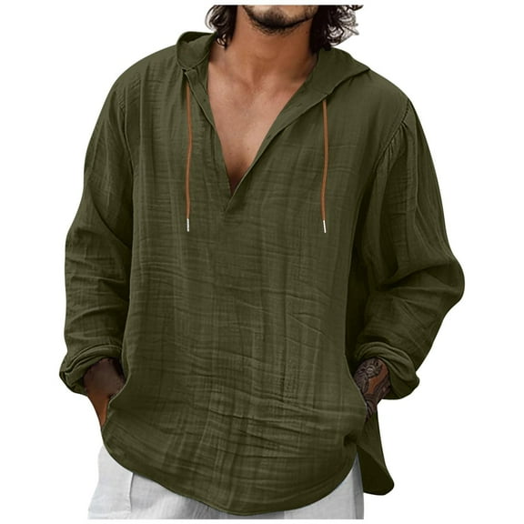 Lenago Mens T Shirts Size S-3XL,T Shirt Men Linen Shirt Loose Solid Color Hooded Shirt Casual Pullover V-neck Long Sleeved Pull Rope Hooded Tops